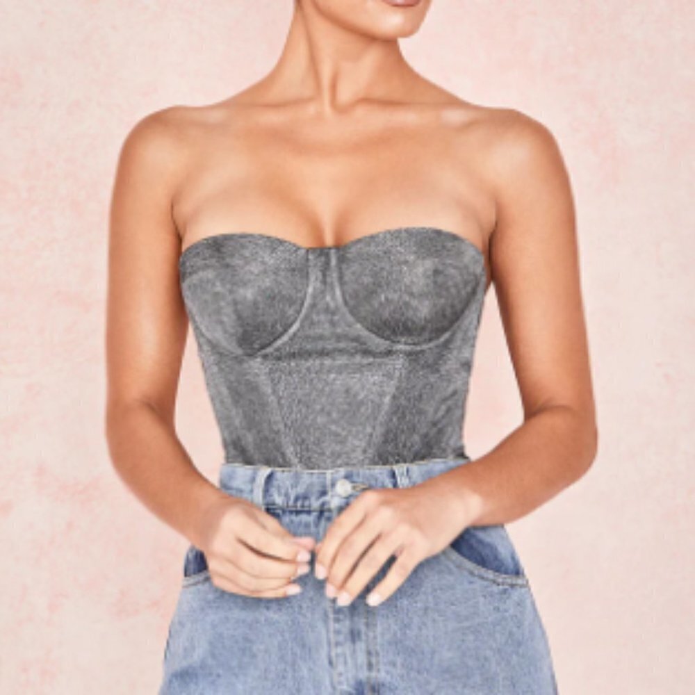 House of CB Donatella Glitter Corset Bustier Top in Silver sz XS